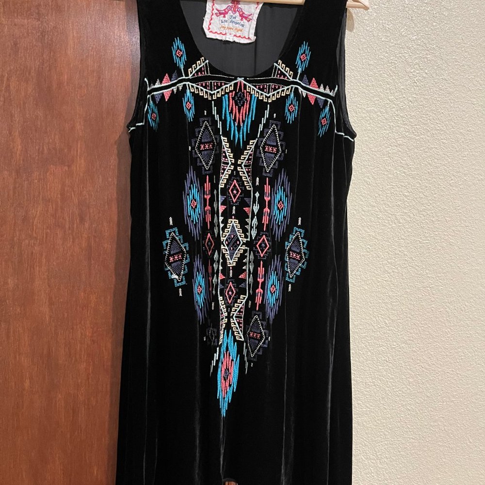 Johnny Was Large Embroidered Black Velvet Long Sharkbite Tunic or tank dress